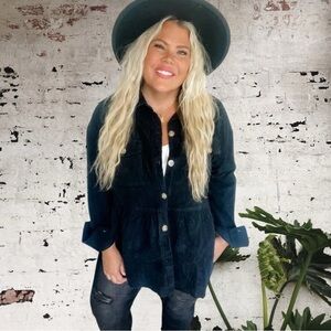 BLAKELEY Black cotton Corduroy peplum Raw hem button front Shirt Jacket Size L